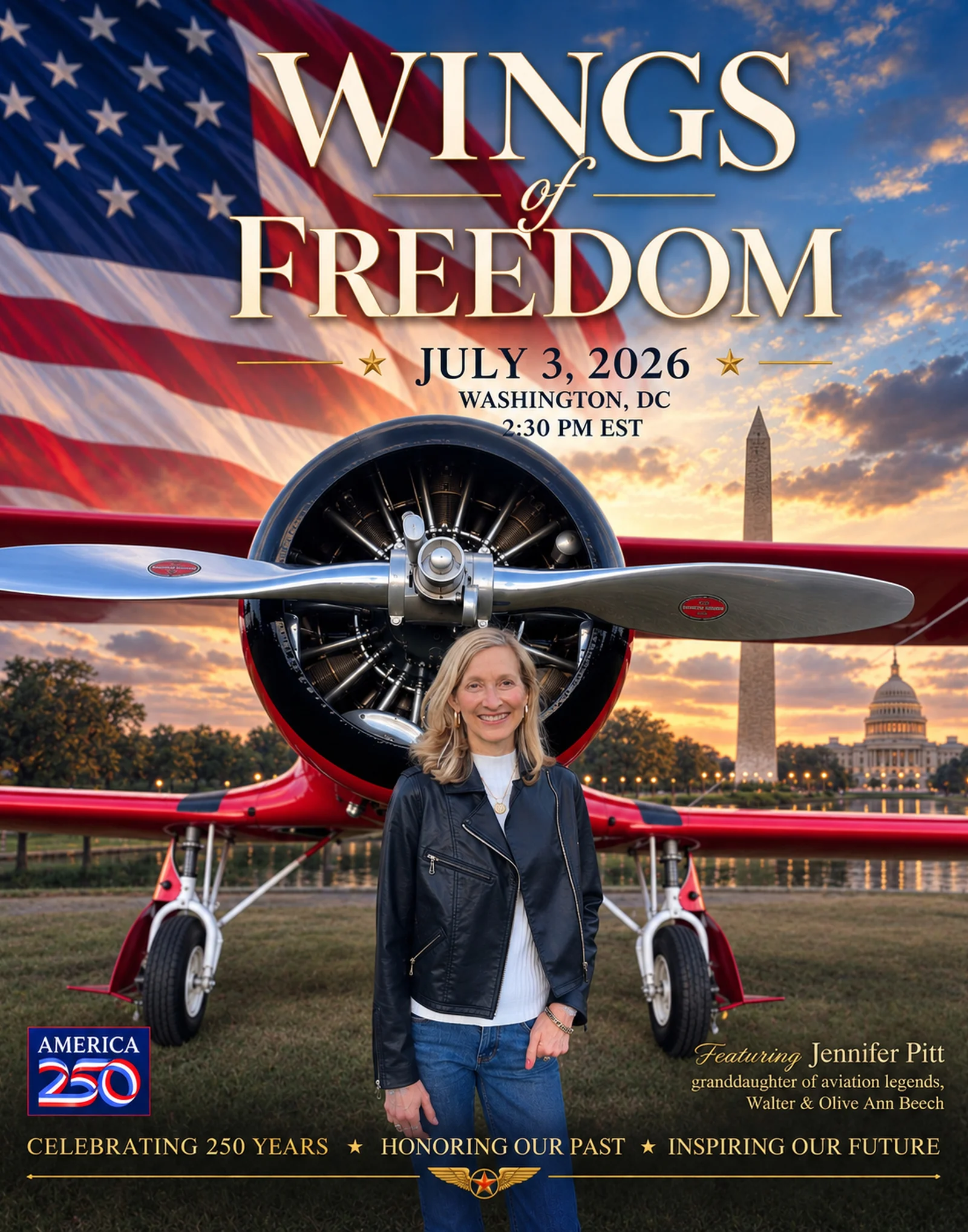 Poster for Wings of Freedom, July 3, 2026, Washington, DC: Jennifer Pitt in front of a red aircraft, with the Washington Monument and the Capitol behind her